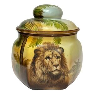 RARE Antique Noritake Lion Humidor Tobacco Jar Hand Painted Lion Palm Landscape